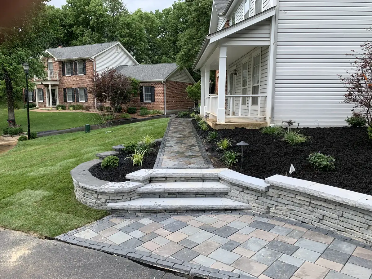 Custom paver walkway and front entry hardscaping by Green Operations in St. Louis