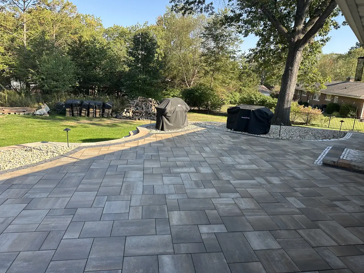 Herringbone paver patio after cleaning and sealing