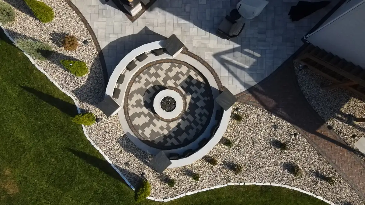 Circular mosaic fire pit viewed from above
