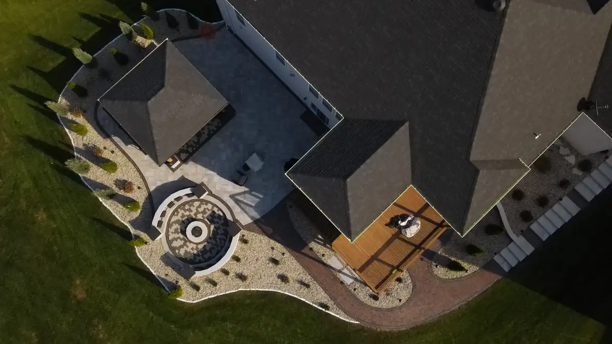 Aerial view of outdoor living space with fire pit built by Green Operations in St. Louis